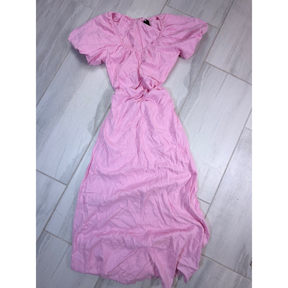 Sanctuary Pink Linen Blend Puff Sleeve Cutout Back Maxi Dress CD1852L7A Small